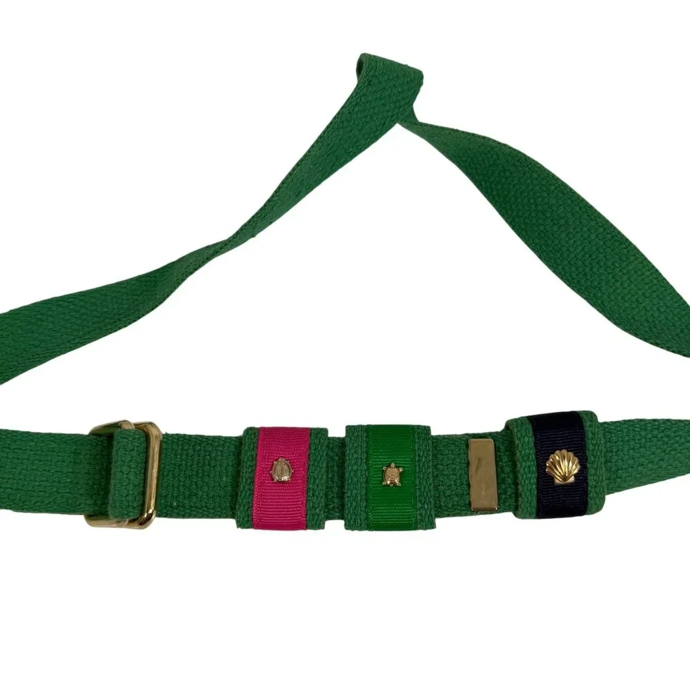 Vintage Green Adjustable Woven Belt Pink Green Navy Ribbon Accents w/ Charms
